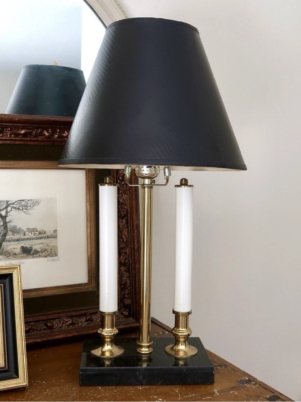 Vintage Brass Bouillotte Table Lamp Black Marble Base Faux leather Shade